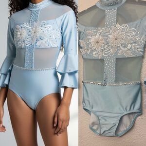 LA Dance Custom solo costume light blue long sleeve Adora rhinestoned LC child